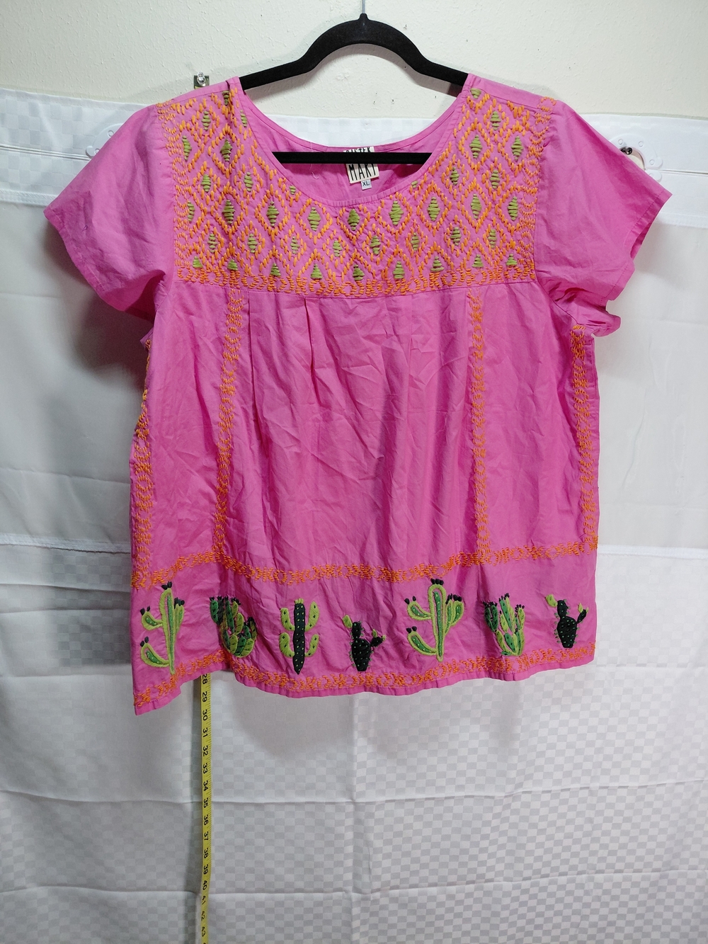 Handmade Pink Embroidered Cactus-Trim Women's Top